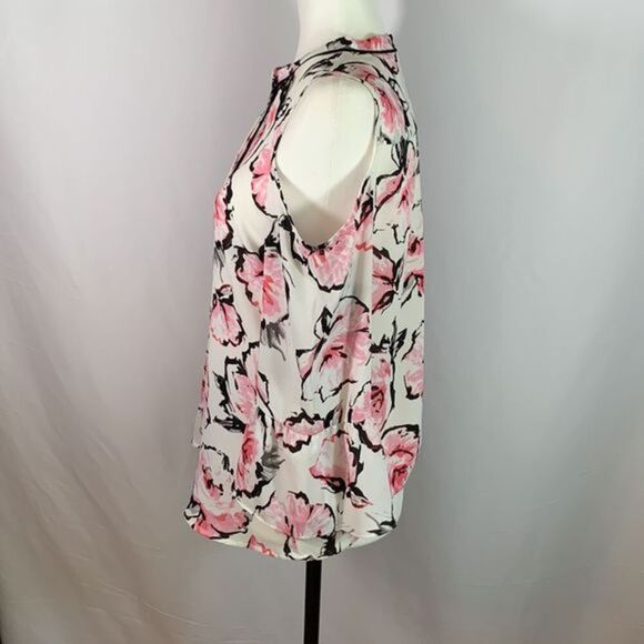 Karl Lagerfeld White, Black & Pink Floral Cold Shoulder Blouse Top - Picture 5 of 12